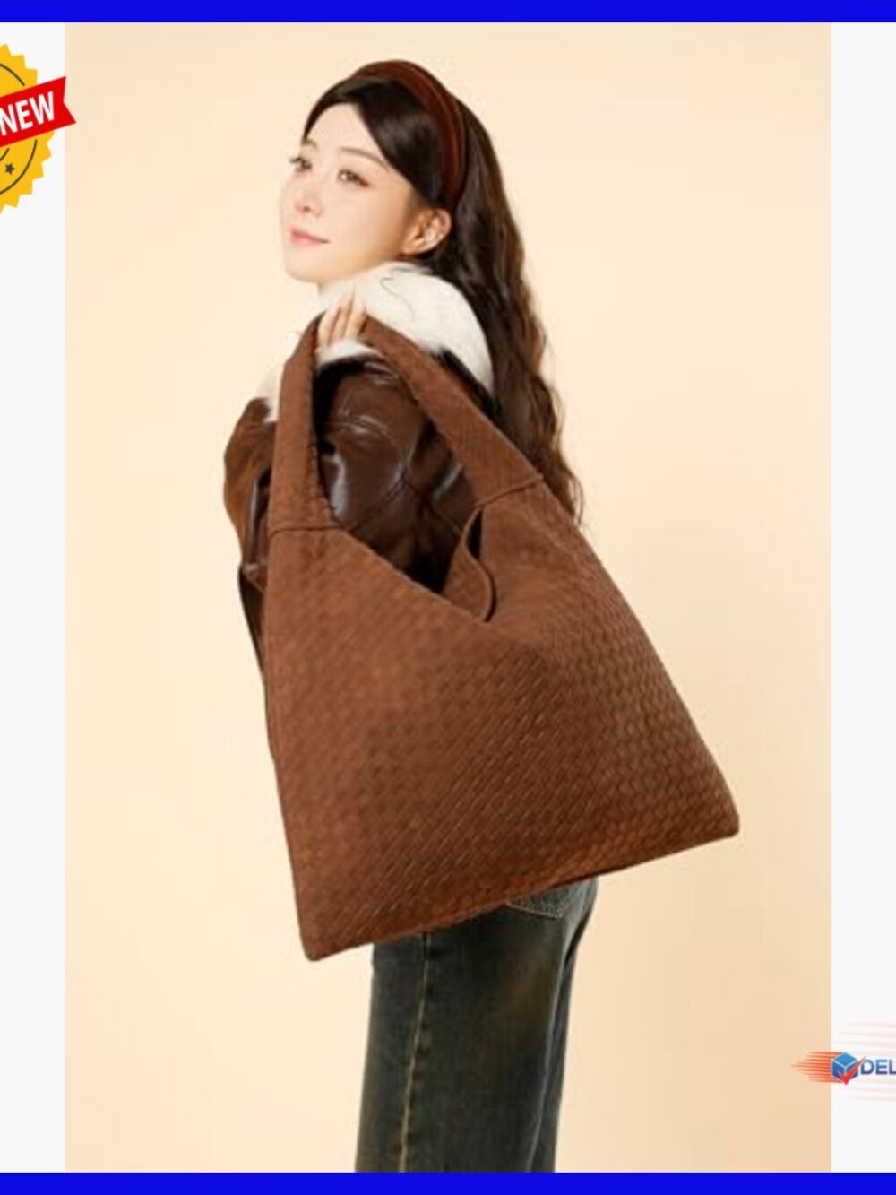 Large Vegan Leather Woven Tote Hobo Shoulder Bag Handcrafted - Picture 2 of 7